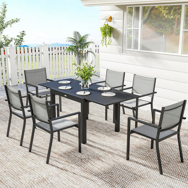 7 Pieces Outdoor Dining Set, Aluminum Patio Table and Chairs Set for 6 with Extendable Slatted Tabletop and Stackable Chairs, All-Weather Patio Dining Table and Chairs