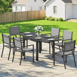 7 Pieces Outdoor Dining Set, Aluminum Patio Table and Chairs Set for 6 with Extendable Slatted Tabletop and Stackable Chairs, All-Weather Patio Dining Table and Chairs