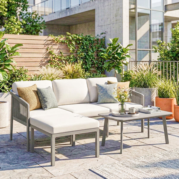 3 Piece Garden Dining Set, Outdoor Patio Furniture with 3 Seater Sofa, Footstool, Coffee Table and Cuhsions, Garden Sofa Set Conversation Furniture for Porch Patio Balcony, Grey