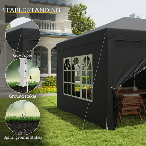 3 x 6 m Pop Up Gazebo with Sides and Windows, Height Adjustable Wedding Camping Party Tent Canopy Marquee with Storage Bag for Garden, Event, Black
