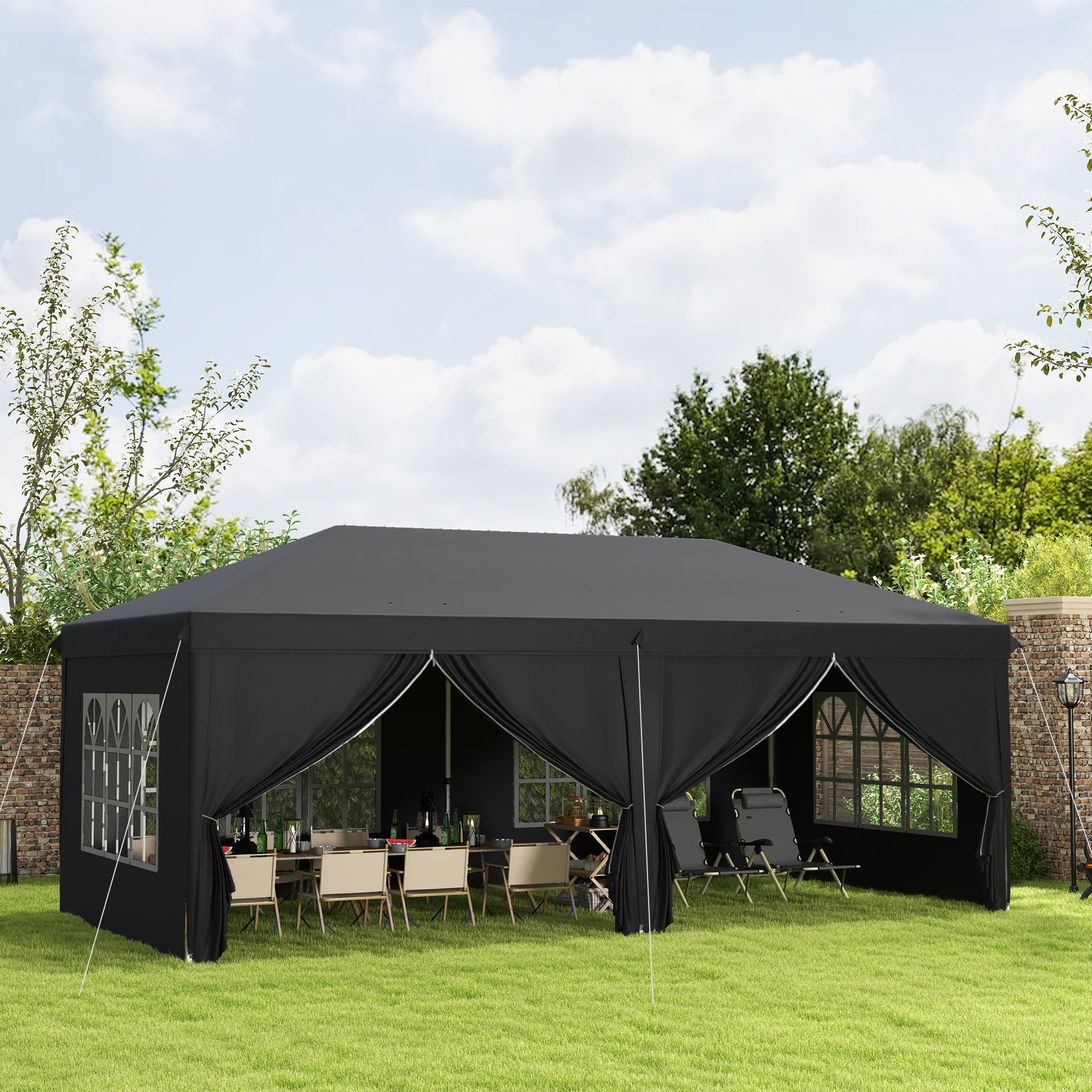 Outsunny 3 x 6m Garden Pop Up Gazebo, Wedding Party Tent with Sidewalls, Windows, Carry Bag, Black