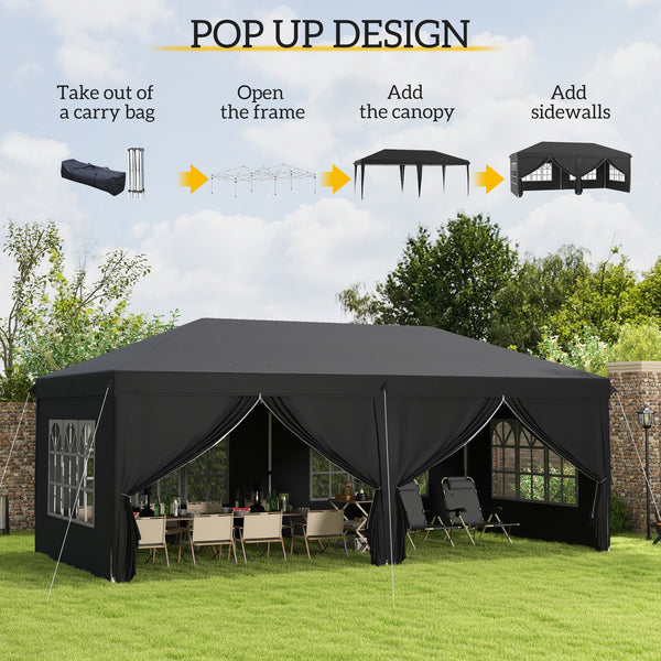 3 x 6 m Pop Up Gazebo with Sides and Windows, Height Adjustable Wedding Camping Party Tent Canopy Marquee with Storage Bag for Garden, Event, Black