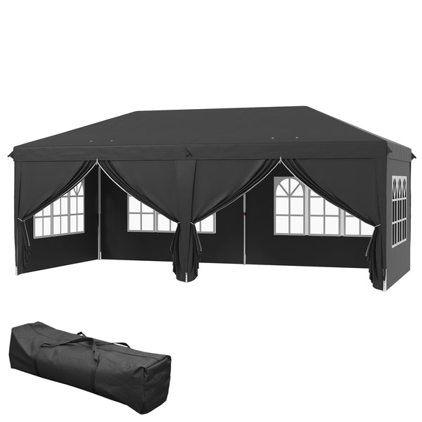 3 x 6 m Pop Up Gazebo with Sides and Windows, Height Adjustable Wedding Camping Party Tent Canopy Marquee with Storage Bag for Garden, Event, Black