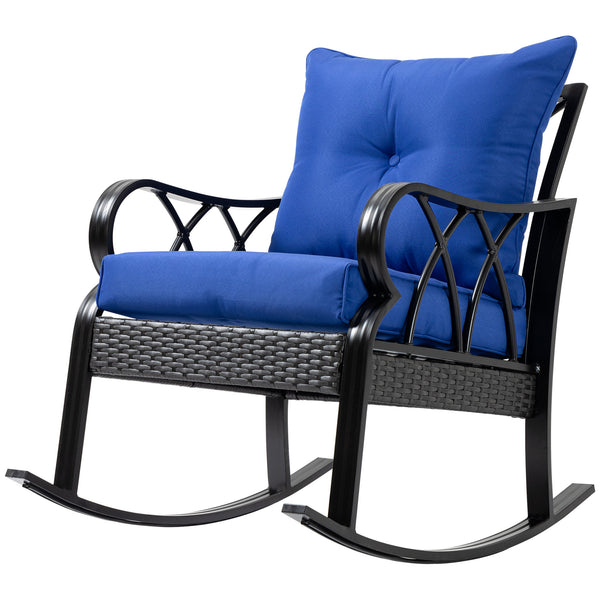 Outsunny Outdoor Wicker Rocking Chair with Padded Cushions, Aluminum Furniture Rattan Porch Rocker Chair w/ Armrest for Garden, Patio, and Backyard, Blue