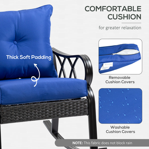 Outsunny Outdoor Wicker Rocking Chair with Padded Cushions, Aluminum Furniture Rattan Porch Rocker Chair w/ Armrest for Garden, Patio, and Backyard, Blue