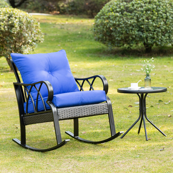 Outsunny Outdoor Wicker Rocking Chair with Padded Cushions, Aluminum Furniture Rattan Porch Rocker Chair w/ Armrest for Garden, Patio, and Backyard, Blue