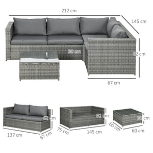 3 Pieces PE Rattan Garden Furniture Set with 10 cm Thick Cushions, 4 Seater Garden Corner Sofa Set with Glass Top Coffee Table, Outdoor Furniture for Patio, Porch, Grey