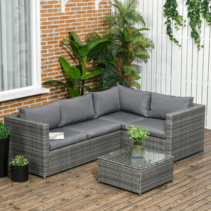 3 Pieces PE Rattan Garden Furniture Set with 10 cm Thick Cushions, 4 Seater Garden Corner Sofa Set with Glass Top Coffee Table, Outdoor Furniture for Patio, Porch, Grey