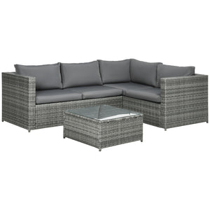 3 Pieces PE Rattan Garden Furniture Set with 10 cm Thick Cushions, 4 Seater Garden Corner Sofa Set with Glass Top Coffee Table, Outdoor Furniture for Patio, Porch, Grey