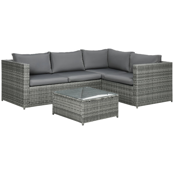3 Pieces PE Rattan Garden Furniture Set with 10 cm Thick Cushions, 4 Seater Garden Corner Sofa Set with Glass Top Coffee Table, Outdoor Furniture for Patio, Porch, Grey