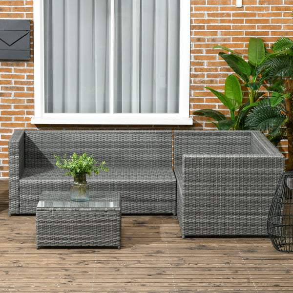 3 Pieces PE Rattan Garden Furniture Set with 10 cm Thick Cushions, 4 Seater Garden Corner Sofa Set with Glass Top Coffee Table, Outdoor Furniture for Patio, Porch, Grey