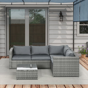 3 Pieces PE Rattan Garden Furniture Set with 10 cm Thick Cushions, 4 Seater Garden Corner Sofa Set with Glass Top Coffee Table, Outdoor Furniture for Patio, Porch, Grey