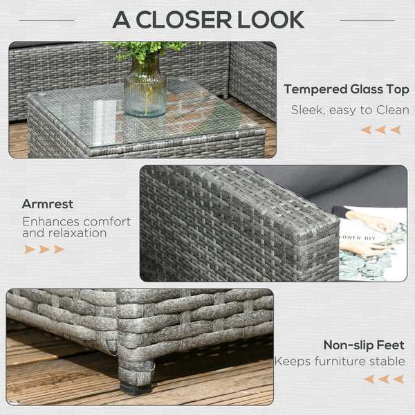3 Pieces PE Rattan Garden Furniture Set with 10 cm Thick Cushions, 4 Seater Garden Corner Sofa Set with Glass Top Coffee Table, Outdoor Furniture for Patio, Porch, Grey