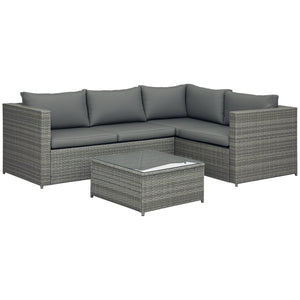 3 Pieces PE Rattan Garden Furniture Set with 10 cm Thick Cushions, 4 Seater Garden Corner Sofa Set with Glass Top Coffee Table, Outdoor Furniture for Patio, Porch, Grey