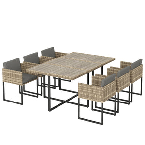 7 Piece Rattan Garden Furniture Set, Garden Dining Set with Wood-Plastic Table and 6 Stackable Chairs, Rattan Table and Chairs with 12 Cushions for Patio Terrace, Light Brown