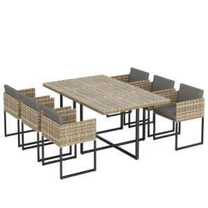 7 Piece Rattan Garden Furniture Set, Garden Dining Set with Wood-Plastic Table and 6 Stackable Chairs, Rattan Table and Chairs with 12 Cushions for Patio Terrace, Light Brown