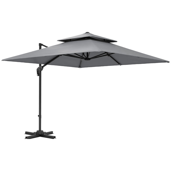 3 x 3(m) Cantilever Parasol with Aluminium Frame, Crank and Tilt, 360° Rotation, Double Top Garden Umbrella with Base and Cover, Light Grey