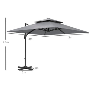 3 x 3(m) Cantilever Parasol with Aluminium Frame, Crank and Tilt, 360° Rotation, Double Top Garden Umbrella with Base and Cover, Light Grey