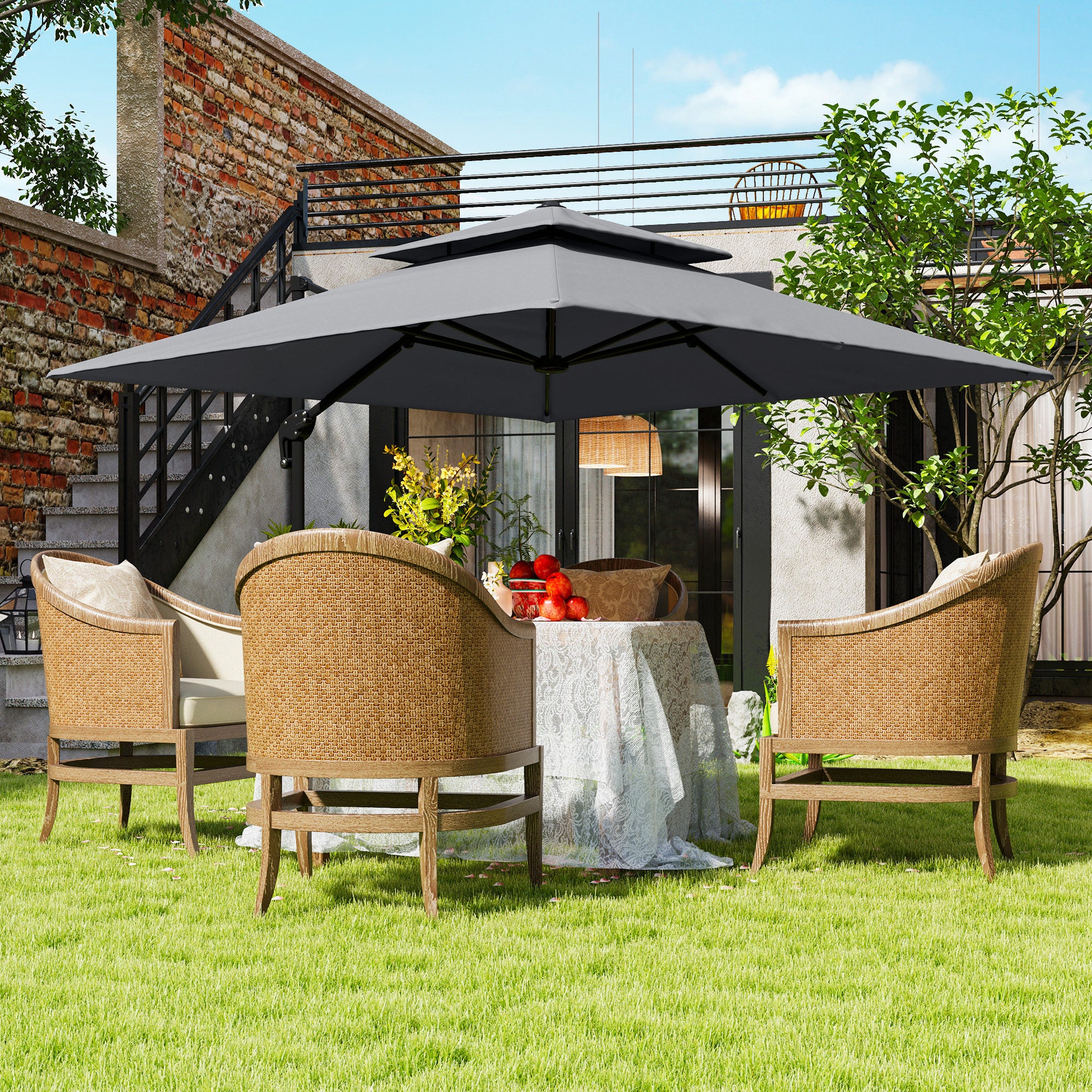 Outsunny 10' x 10' Double Top Square Offset Umbrella with Umbrella Cover, Light Grey Outsunny 10' x 10' Double Top Square Offset Umbrella with Umbrella Cover, Light Grey