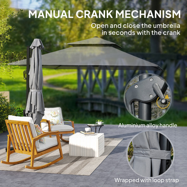 3 x 3(m) Cantilever Parasol with Aluminium Frame, Crank and Tilt, 360° Rotation, Double Top Garden Umbrella with Base and Cover, Light Grey
