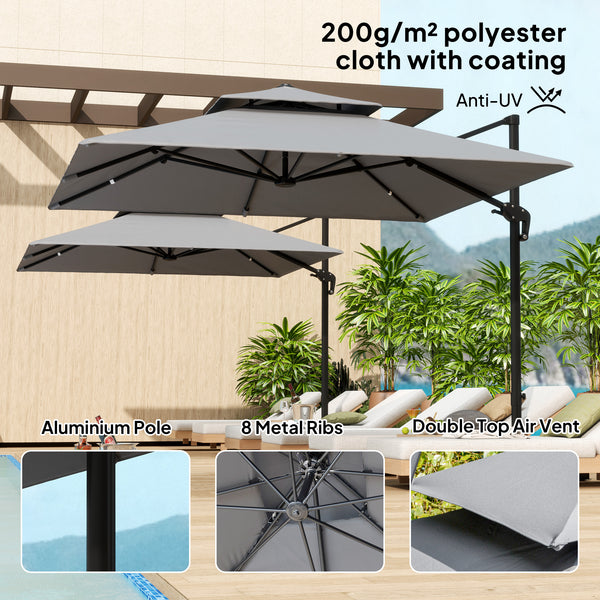 3 x 3(m) Cantilever Parasol with Aluminium Frame, Crank and Tilt, 360° Rotation, Double Top Garden Umbrella with Base and Cover, Light Grey