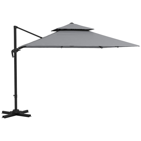 3 x 3(m) Cantilever Parasol with Aluminium Frame, Crank and Tilt, 360° Rotation, Double Top Garden Umbrella with Base and Cover, Light Grey