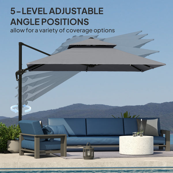 3 x 3(m) Cantilever Parasol with Aluminium Frame, Crank and Tilt, 360° Rotation, Double Top Garden Umbrella with Base and Cover, Light Grey