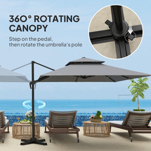 3 x 3(m) Cantilever Parasol with Aluminium Frame, Crank and Tilt, 360° Rotation, Double Top Garden Umbrella with Base and Cover, Light Grey