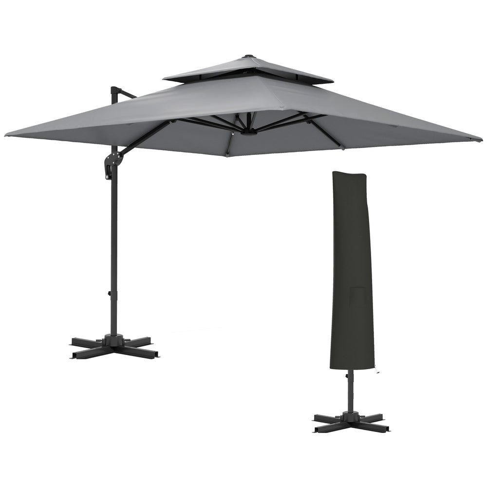 3 x 3(m) Cantilever Parasol with Aluminium Frame, Crank and Tilt, 360-Degree Rotation, Double Top Garden Umbrella with Cover (Only Cross Base), Light Grey