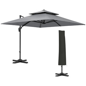 3 x 3(m) Cantilever Parasol with Aluminium Frame, Crank and Tilt, 360-Degree Rotation, Double Top Garden Umbrella with Cover (Only Cross Base), Light Grey