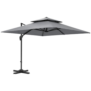 3 x 3(m) Cantilever Parasol with Aluminium Frame, Crank and Tilt, 360° Rotation, Double Top Garden Umbrella with Base and Cover, Light Grey