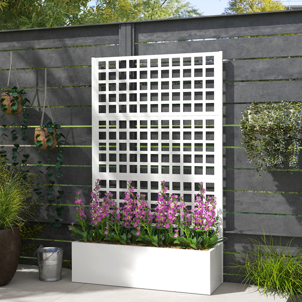 Galvanized Raised Garden Bed with Trellis, 43"x16"x70" Metal Planter Box with Drainage Holes, Outdoor Privacy Screen for Climbing Plant Vegetable Vine, White