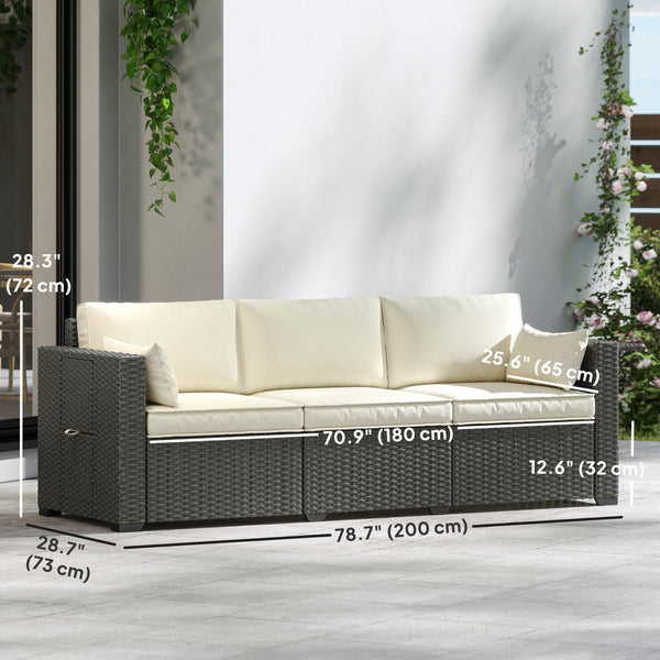 3 Seater Wicker Outdoor Sofa with Side Tray Tables, Poly Rattan Patio Sofa Couch with 6" Thick Back Cushions, Outdoor Couch with Deep Seat, Pillows for Garden, Cream White