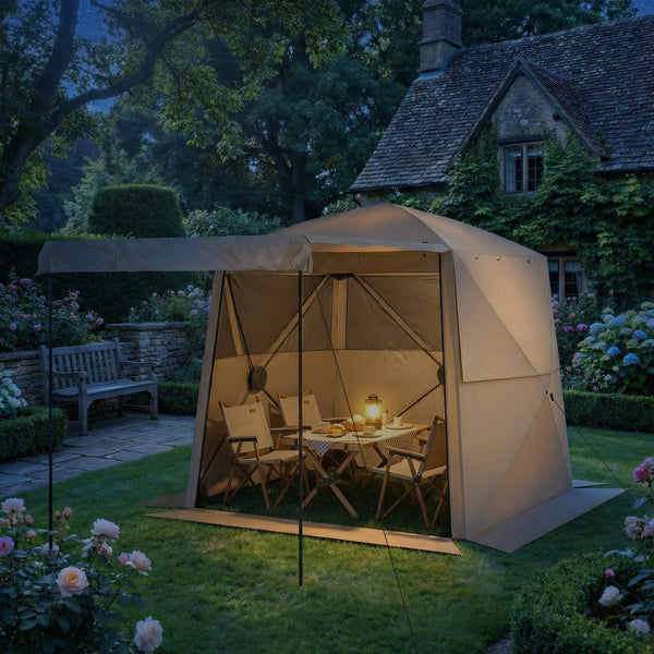 2 x 2 m Pop Up Gazebo with Awning, Waterproof Instant Shelter for Garden BBQ, Fishing, Camping, Easy Setup Garden Gazebo with Sides, Mesh Windows & Carry Bag, Khaki