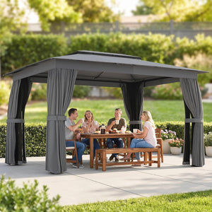 10' x 12' Outdoor Patio Gazebo, Soft Top Gazebo Canopy Shelter with Double Roof, Curtains, Netting, Steel Frame, UPF30+ Protection, Ceiling Hooks for Lawn, Backyard, Deck, Dark Gray
