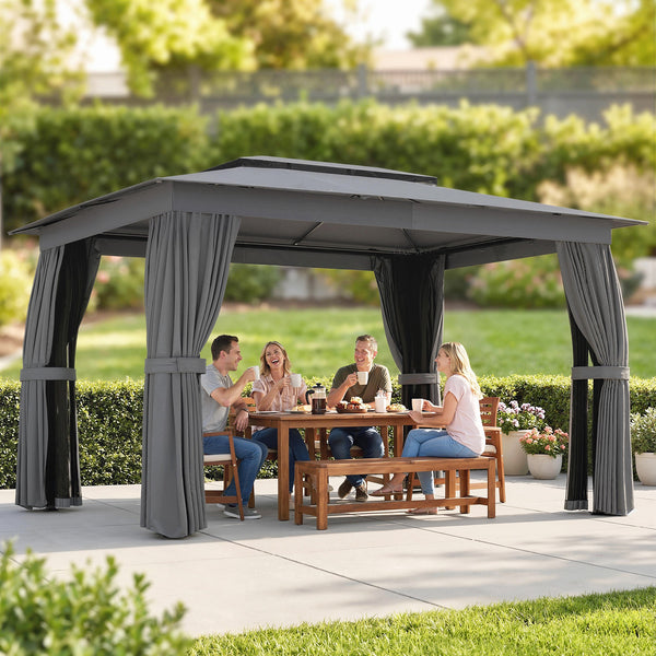 10' x 12' Outdoor Patio Gazebo, Soft Top Gazebo Canopy Shelter with Double Roof, Curtains, Netting, Steel Frame, UPF30+ Protection, Ceiling Hooks for Lawn, Backyard, Deck, Dark Gray