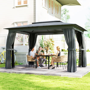 10' x 12' Outdoor Patio Gazebo, Soft Top Gazebo Canopy Shelter with Double Roof, Curtains, Netting, Steel Frame, UPF30+ Protection, Ceiling Hooks for Lawn, Backyard, Deck, Dark Gray