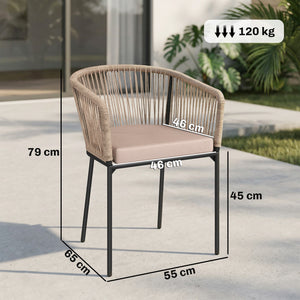 Garden Chairs Set of 2, Rattan Garden Dining Chairs with String Back and Armrests, Metal Frame Outdoor Chair Set with Cushion for Patio, Balcony, Terrace, Natural Wood Finish