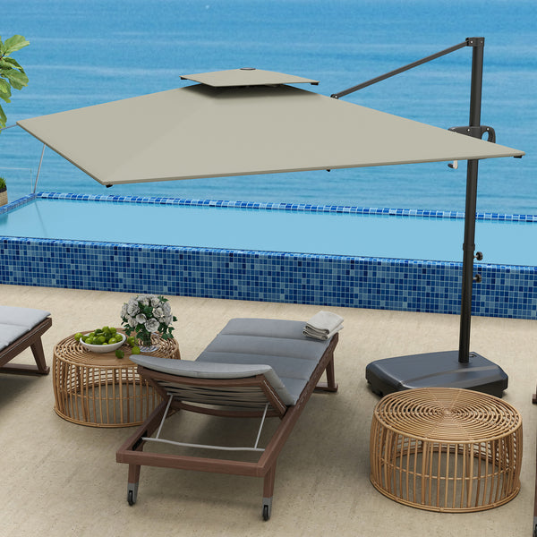 8' x 9' Square Cantilever Patio Umbrella with Fillable Base, Double Top Patio Hanging Offset Umbrella, Outdoor Cantilever Parasol with Crank & Tilt, Light Grey