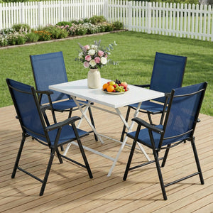 Folding Garden Chairs Set of 4, Foldable Garden Dining Chairs with High Back and Armrests, Breathable Texteline Folding Outdoor Chair Set with Metal Frame for Patio, Balcony, Navy Blue