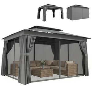 10' x 12.5' Outdoor Gazebo with Curtains and Netting, Double Roof Patio Gazebo Permanent Pavilion Canopy Shelter with Metal Frame, Hooks, UPF30+ Protection, Dark Grey