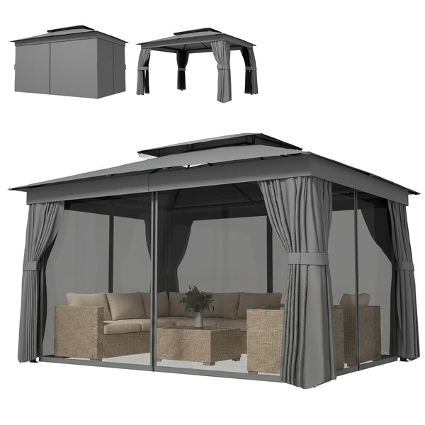10' x 12.5' Outdoor Gazebo with Curtains and Netting, Double Roof Patio Gazebo Permanent Pavilion Canopy Shelter with Metal Frame, Hooks, UPF30+ Protection, Dark Grey