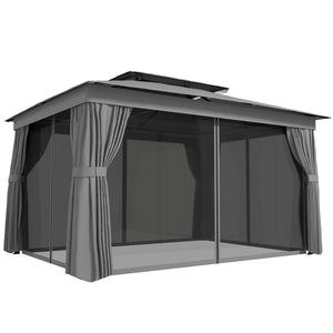 10' x 12.5' Outdoor Gazebo with Curtains and Netting, Double Roof Patio Gazebo Permanent Pavilion Canopy Shelter with Metal Frame, Hooks, UPF30+ Protection, Dark Grey