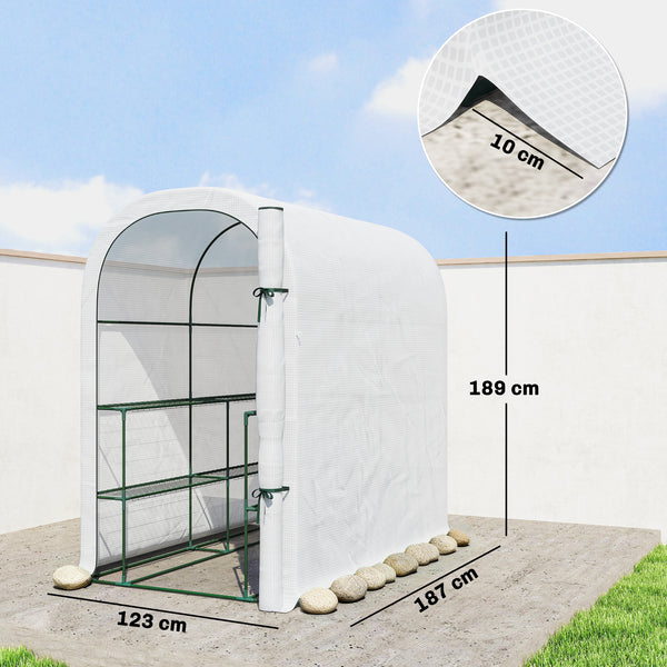 Walk-in Greenhouse with Shelves, Small Greenhouse with Roll-up Door, Garden Plant Growhouse with PE Cover, 123 x 187 x 189 cm, White