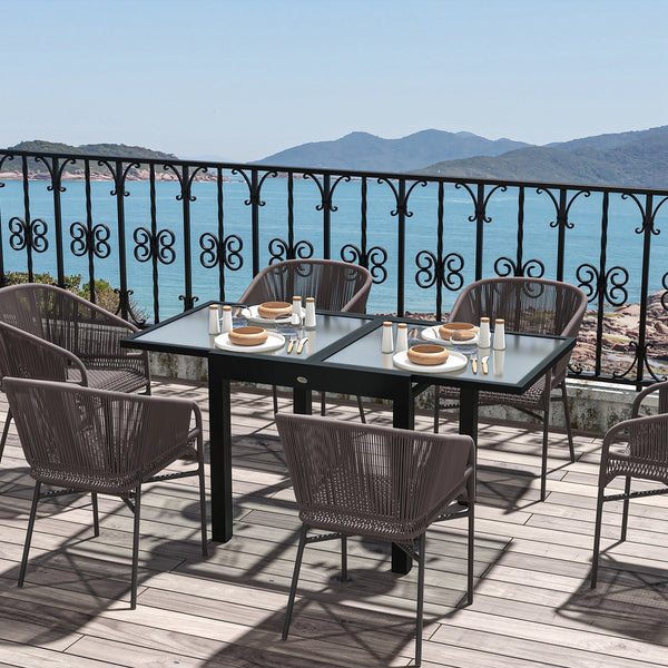 Extending Garden Table, Outdoor Dining Table with Aluminium Frame and Tempered Glass Tabletop, 80/160 x 80 x 75 cm, Black and Clear