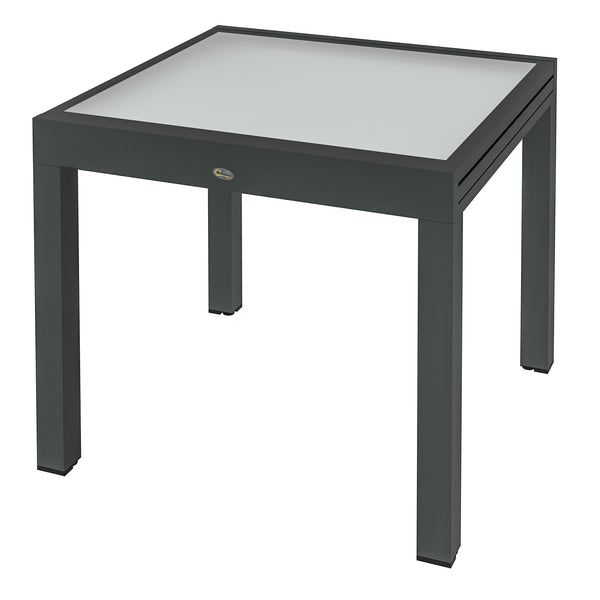 Extending Garden Table, Outdoor Dining Table with Aluminium Frame and Tempered Glass Tabletop, 80/160 x 80 x 75 cm, Black and Clear