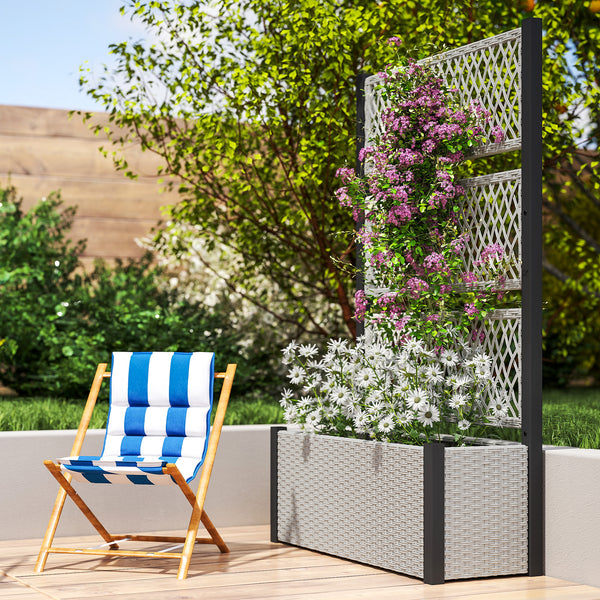 Wicker Outdoor Planter with Trellis, 58" Standing Raised Garden Bed with Liner, Drainage Holes, Privacy Screen Planter Box for Climbing Plants, Flowers, Mixed Grey
