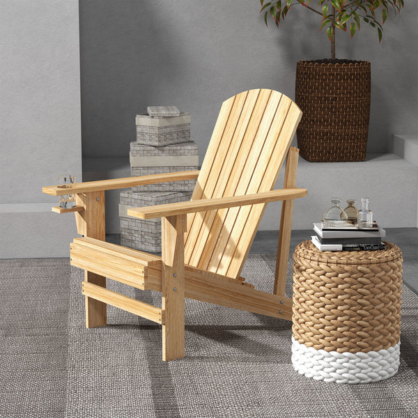 Outsunny Wooden Adirondack Chair, Outdoor Patio Lawn Chair with Cup Holder, Weather Resistant Lawn Furniture, Classic Lounge for Deck, Garden, Backyard, Fire Pit, Natural Wood