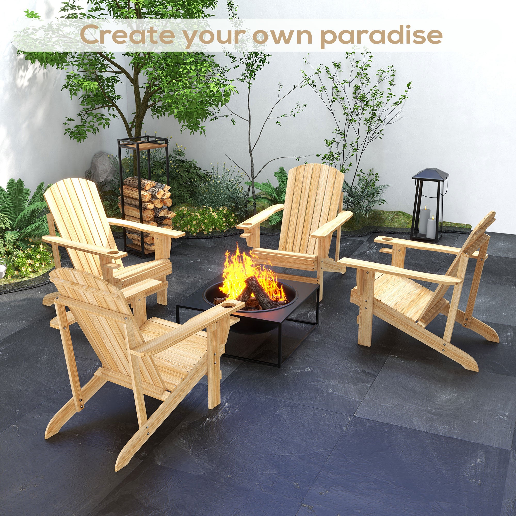 Outsunny Wooden Adirondack Chair with Cup Holder, Oversized Fire