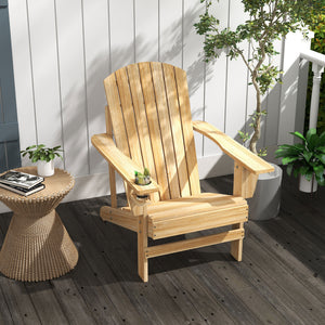 Outsunny Wooden Adirondack Chair, Outdoor Patio Lawn Chair with Cup Holder, Weather Resistant Lawn Furniture, Classic Lounge for Deck, Garden, Backyard, Fire Pit, Natural Wood